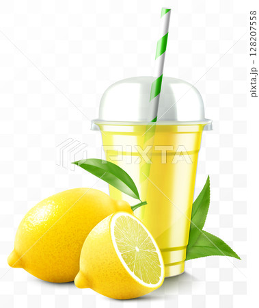 Clear plastic cup with lemon juice or smoothie. Cup with sphere dome cap for milkshake, lemonade. Fruity organic shake with ice cube. Fruit cocktail. Realistic 3d vector template Clear plastic cup with lemon juice or smoothie. Cup with sphere dome cap for milkshake, lemonade. Fruity organic shake with ice cube. Fruit cocktail. Realistic 3d vector template 128207558