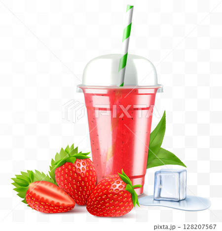 Clear plastic cup with strawberry juice or smoothie. Cup with sphere dome cap for milkshake, lemonade. Fruity organic shake. Fruit cocktail. Realistic 3d vector template Clear plastic cup with strawberry juice or smoothie. Cup with sphere dome cap for milkshake, lemonade. Fruity organic shake. Fruit cocktail. Realistic 3d vector template 128207567