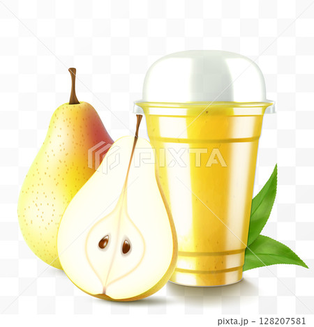 Clear plastic cup with sweet pear juice or smoothie. Cup with sphere dome cap for milkshake, lemonade. Fruity organic shake with ice cube. Fruit cocktail. Realistic 3d vector template 128207581