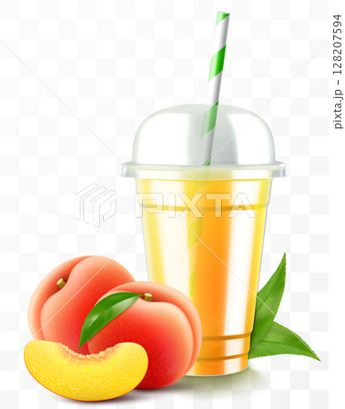 Clear plastic cup with peach juice or smoothie. Fruit cocktail. Cup with sphere dome cap for milkshake, lemonade, cold or hot drink. Mug of fruity organic shake. Realistic 3d vector template 128207594