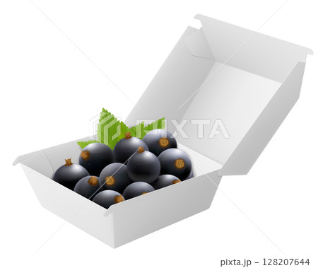 White food box with ripe berries currant, packaging for hamburger, lunch, fast food, burger, sandwich isolated on white background. Packaging Cardboard Box Mockup, Realistic 3d Vector Illustration 128207644