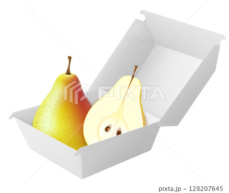 White food box with ripe pear. Packaging for hamburger, lunch, fast food, burger, sandwich isolated on white background. Packaging Cardboard Box Mockup, Realistic 3d Vector Illustration 128207645