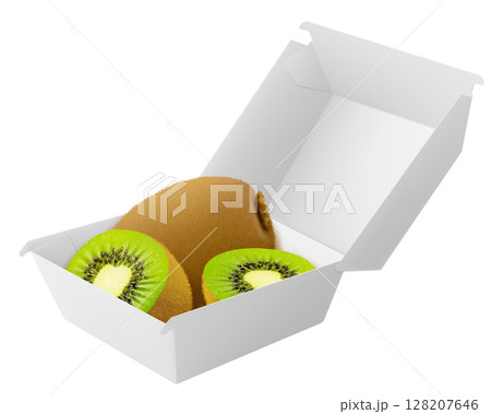 White food box with ripe kiwi. Packaging for hamburger, lunch, fast food, burger, sandwich isolated on white background. Packaging Cardboard Box Mockup, Realistic 3d Vector Illustration 128207646