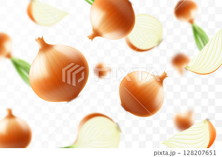 Falling onion, isolated on transparent background, selective focus. Flying onion with blurry effect. Can be used for advertising, packaging, banner, poster. Realistic 3d vector illustration Falling onion, isolated on transparent background, selective focus. Flying onion with blurry effect. Can be used for advertising, packaging, banner, poster. Realistic 3d vector illustration 128207651