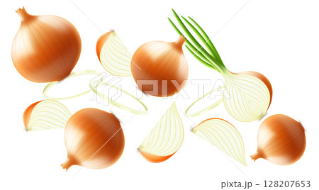 Falling onion, isolated on transparent background, selective focus. Flying onion with blurry effect. Can be used for advertising, packaging, banner, poster. Realistic 3d vector illustration Falling onion, isolated on transparent background, selective focus. Flying onion with blurry effect. Can be used for advertising, packaging, banner, poster. Realistic 3d vector illustration 128207653