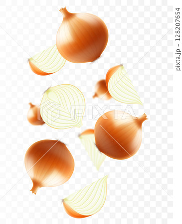 Falling onion, isolated on transparent background, selective focus. Flying onion with blurry effect. Can be used for advertising, packaging, banner, poster. Realistic 3d vector illustration 128207654
