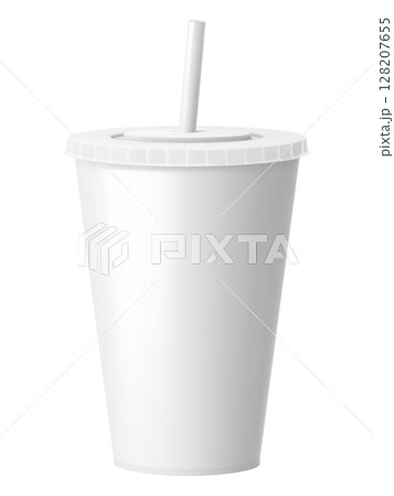 Soda drink plastic or paper cup with drinking straw, white package mockup, realistic 3d vector illustration. Cup with closed lid for Soda, juice or ice tea, fastfood soft drinks 128207655