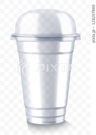 Clear empty plastic cup with sphere dome lid, isolated on transparent background. For milkshake and lemonade and smoothie. Takeaway beverage container. Realistic mockup, 3d vector illustration 128207660