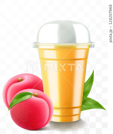 Clear plastic cup with plum juice or smoothie. Fruit cocktail. Cup with sphere dome cap for milkshake, lemonade, cold or hot drink. Mug of fruity organic shake. Realistic 3d vector template 128207668