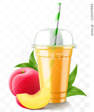 Clear plastic cup with plum juice or smoothie. Fruit cocktail. Cup with sphere dome cap for milkshake, lemonade, cold or hot drink. Mug of fruity organic shake. Realistic 3d vector template 128207669