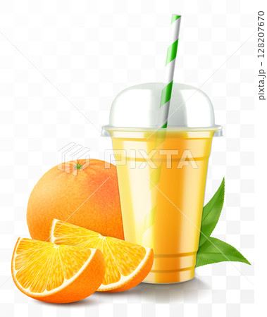 Clear plastic cup with orange juice or smoothie. Cup with sphere dome cap for milkshake, lemonade. Fruity organic shake with ice cube. Fruit cocktail. Realistic 3d vector template 128207670