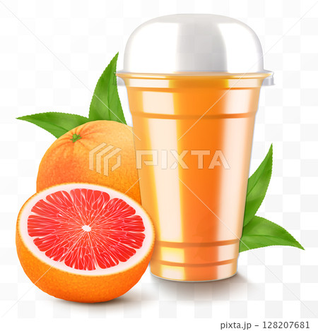 Clear plastic cup with grapefruit juice or smoothie. Cup with sphere dome cap for milkshake, lemonade. Fruity organic shake with ice cube. Fruit cocktail. Realistic 3d vector template 128207681