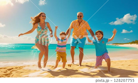 夏の海でジャンプする家族 128207755