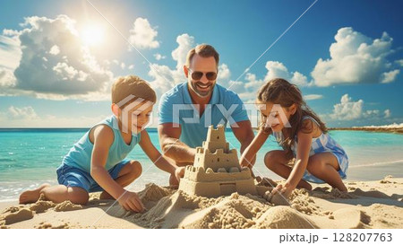 夏の海で遊ぶ親子 夏の海で遊ぶ親子 128207763