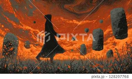 Mysterious Figure Walking Among Floating Stones Under a Dramatic Sky 128207768