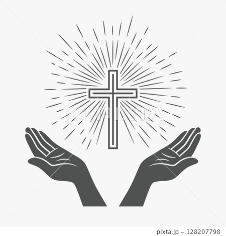 Black and White Open Hands with Cross and Divine Light, Symbol of Faith and Prayer. Design Template for Church Logo. Prayer, Religion Concept Monochrome Cut Out Silhouette Icon. Vector Illustration 128207798