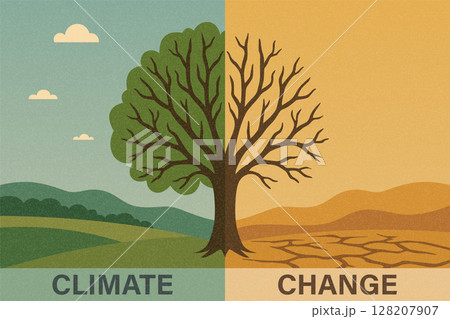 Climate Change Vector Illustration with a Tree Divided into Green and Dry Landscapes. Concept Art for Climate Change Awareness, Global Warming, Drought, Environmental Impact of Climate Change Climate Change Vector Illustration with a Tree Divided into Green and Dry Landscapes. Concept Art for Climate Change Awareness, Global Warming, Drought, Environmental Impact of Climate Change 128207907