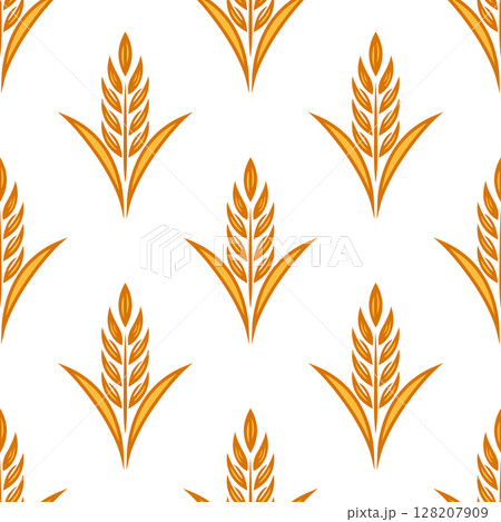 Vector Seamless Pattern with Agriculture Wheat and Cereal Ears. Organic Wheat, Rice Ear Design Template. Bread, Beer Packaging, Farming, Organic Food Concepts Vector Seamless Pattern with Agriculture Wheat and Cereal Ears. Organic Wheat, Rice Ear Design Template. Bread, Beer Packaging, Farming, Organic Food Concepts 128207909