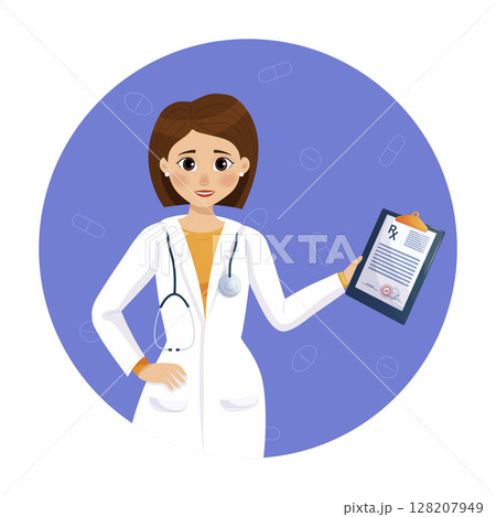 A uniformed female physician holds a prescription for medication for a patient. Concept of health care, treatment and pharmacy. Vector illustration in cartoon style. A uniformed female physician holds a prescription for medication for a patient. Concept of health care, treatment and pharmacy. Vector illustration in cartoon style. 128207949
