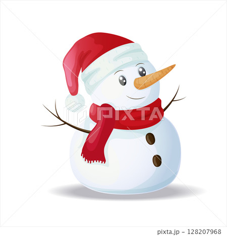 Cute snowman on a white background. New Year and Christmas card. Vector illustration 128207968