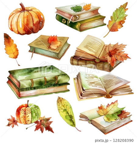 Autumn Stack of Vintage Books with Leaves, Pumpkins, and Berry Decorations 128208390