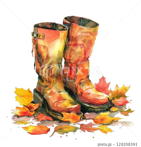 Watercolor Autumn Boots Amidst Falling Leaves - Vibrant Fall Season Illustration 128208391