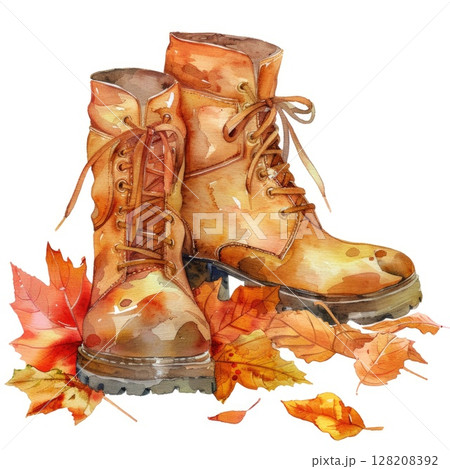 Watercolor Illustration of Autumn Boots with Fallen Leaves in Rustic Setting 128208392