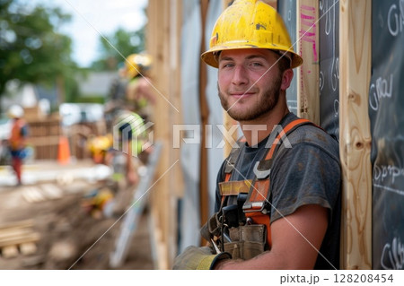Confident Construction Worker Smiling at Building Site with Team in Background 128208454