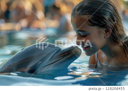 Joyful Interaction Between Girl and Dolphin at Aquarium 128208455