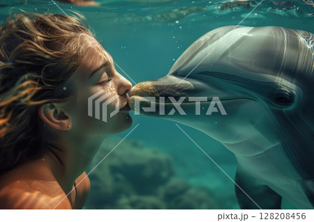 Girl Kissing Dolphin Underwater in Tropical Ocean, Close-Up of Magical Moment 128208456
