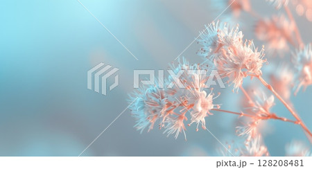 Close-Up of Delicate Pink Flower Buds Against a Soft Blue Background Close-Up of Delicate Pink Flower Buds Against a Soft Blue Background 128208481