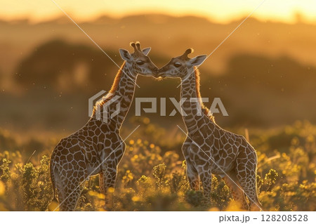 Two Giraffes Nuzzling at Sunset in African Savannah 128208528
