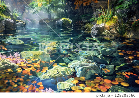 Enchanting Forest Stream with Colorful Autumn Leaves and Lush Greenery 128208560