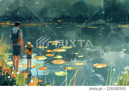 Father and Child Exploring Nature by the Pond with Lily Pads Under a Green Canopy Father and Child Exploring Nature by the Pond with Lily Pads Under a Green Canopy 128208593
