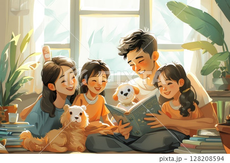 Happy Family Reading Together with Dogs in Sunlit Room. Bonding, Pets, and Warm Moments Happy Family Reading Together with Dogs in Sunlit Room. Bonding, Pets, and Warm Moments 128208594