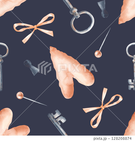 Watercolor seamless pattern with hearts, keys, bows, keyholes and pins on a dark grey background. Watercolor illustration. Seamless background for scrapbooking, wallpaper, packaging. 128208874