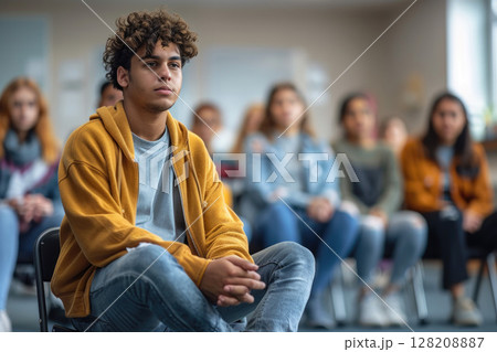 Teenager in Yellow Hoodie Attending Group Counseling Session with Peers Teenager in Yellow Hoodie Attending Group Counseling Session with Peers 128208887