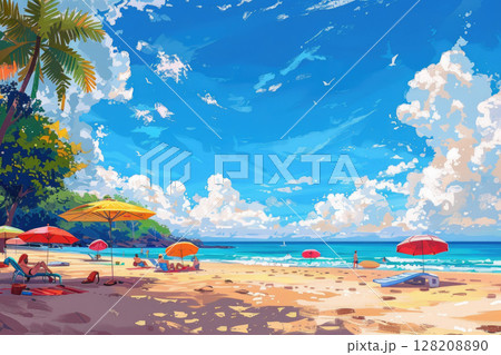 Vibrant Beach Scene with People Swimming and Relaxing by the Ocean on a Sunny Day 128208890