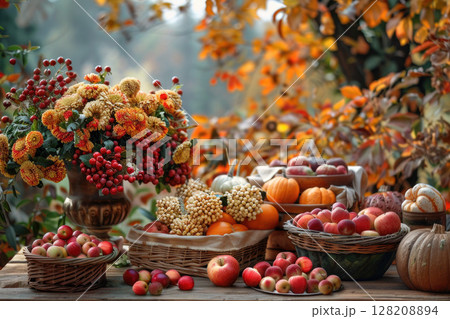 Autumn Harvest Display with Apples, Pumpkins, and Vibrant Flowers in a Rustic Outdoor Setting Autumn Harvest Display with Apples, Pumpkins, and Vibrant Flowers in a Rustic Outdoor Setting 128208894
