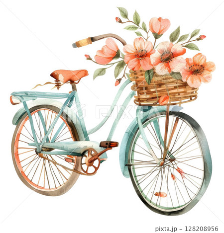 Vintage Bicycle with Basket of Flowers Watercolor Illustration for Spring and Nature Themes 128208956