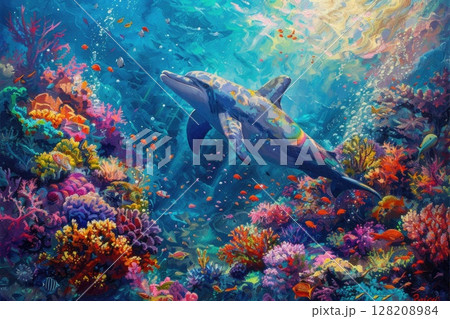 Vibrant Underwater Dolphin with Colorful Coral Reef and Exotic Fish in Sunlit Ocean Depths 128208984