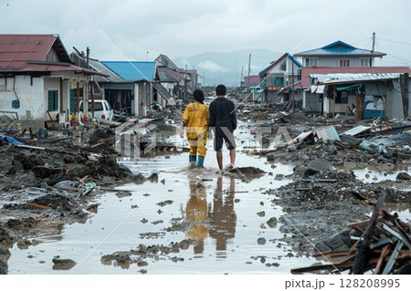 Two People Amidst Flood Aftermath in Devastated Village with Muddy Streets and Damaged Houses 128208995
