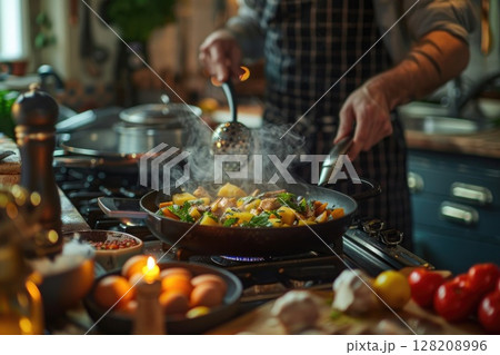 Chef Cooking Fresh Vegetables in Kitchen - Healthy Eating and Culinary Art 128208996