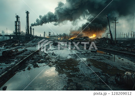 Abandoned Industrial Site Reflecting in Puddle with Overcast Sky Abandoned Industrial Site Reflecting in Puddle with Overcast Sky 128209012