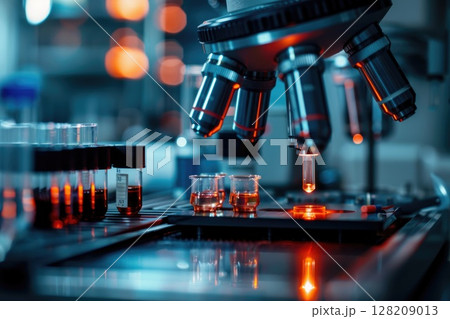 Futuristic Laboratory with Robotic Arm Handling Test Tubes in Neon Lighting Futuristic Laboratory with Robotic Arm Handling Test Tubes in Neon Lighting 128209013