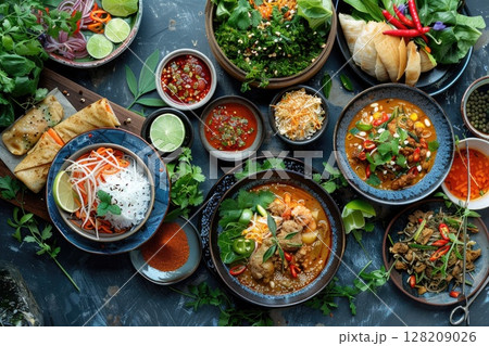 Authentic Asian Cuisine with Spices, Vegetables, Rice, and Curry Dishes 128209026