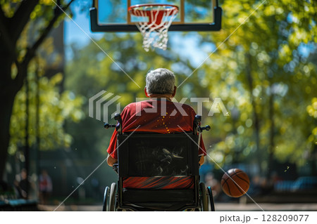 Wheelchair Basketball Player Practicing Outdoors in Sunlit Park 128209077