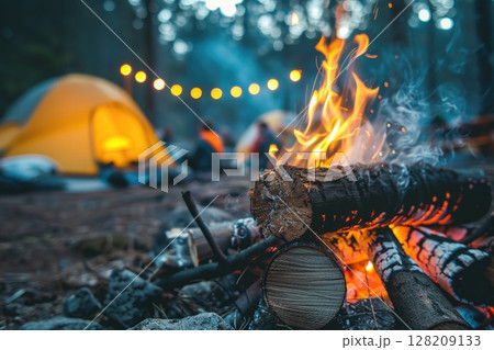 Campfire in Forest at Sunset with Group of Friends Enjoying Evening Outdoors 128209133
