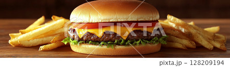 A cheeseburger with lettuce and tomato sits between piles of fries on a wooden table. Concept of fast food and casual dining. For food menu photo. 128209194