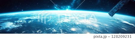 Earth is seen from space with a visible satellite, surrounded by a starry sky. Concept of space exploration and technology. For educational content on space. 128209231